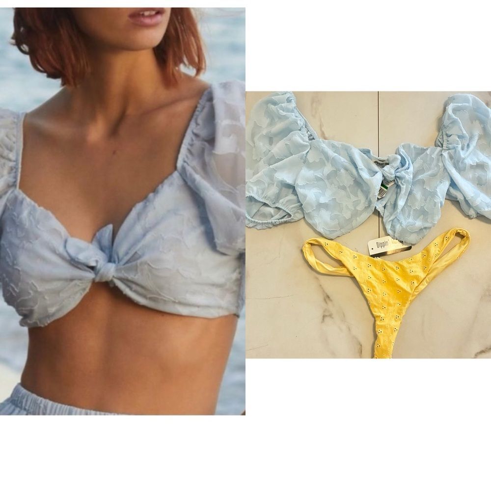 Nwt Dippin Daisy’s Light Blue Puff Sleeve Crop Top and Yellow Bikini Bottom